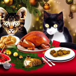 Cats and children eating Christmas dinner with alien lion and floating ball, and exquisitely decorated turkey and HR giger alien