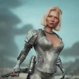 Ultra Realistic retro sci-fi movie war scene, waist up view portrait, blonde woman pointing a gun, sweet Kate moss face, perfect iris, glow eyes, makeup, weapon. Drones background, Retro sci-fi style, helmet, tight latex coat, fog, rain, soft color, highly detailed, unreal engine 5, ray tracing, RTX, lumen lighting, ultra detail, volumetric lighting, 3d, finely drawn, high definition, high resolution.