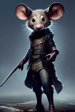 full body concept, very fine art oil painting of a cute anthropomorphic mouse thief with a very beautiful face wearing full intricate clothing, ultra detailed, octane render, 4K, dystopian, micro details