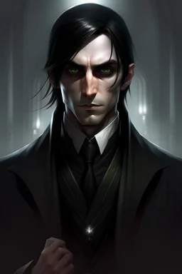 the dark butler, young elf with dark hair, dark clothes, shadow magic, expressive eyes