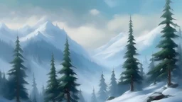 Bosques de coníferas alpinos → Pintura al óleo clásica → Estética sublime y atmosférica → Lenguaje visual de pinceladas empastadas y niebla densa → Composición piramidal con las cumbres nevadas al fondo → Iluminación difusa y fría con toques de luz rasante → Paleta de verdes pino, azules glaciares y blancos níveos → Atmósfera interior de soledad alpina, pureza y silencio helado.