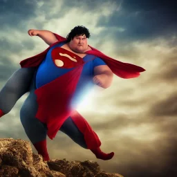 Fat Superman stands on a mountain, realistic, midjourney, dramatic light, close up, smoky background, cinematic