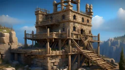 A ruined stone fortress, repaired with wood, scaffolding, palisades, spikes, ruin, realistic, medieval, painterly,