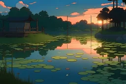 pond in anime ghibli style. cozy calming aesthetical. evening, but not dark.