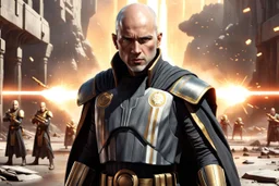 star wars bald male corellian jedi pilot wearing black and gunmetal grey old republic armored robes with gold trim, alone, battle-ready Jedi Master defending a ruined ancient city surrounded by golden light, centered head and shoulders portrait, hyperdetailed, dynamic lighting, hyperdetailed background, 8k resolution, volumetric lighting, light skin, fully symmetric details