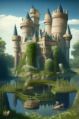 Medieval Baroque style castle with a huge garden and 4 towers. The castle is to be braided with a diamond rope and in front of the castle there is to be a moat with crocodiles and water.