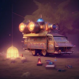 Caravan, ultra realistic, intricate details, ultra highly detailed, shiny, smooth, studio quality, octane render, Surrealism, Triadic colour scheme,glow-stick, ambient lighting,nightclub lighting, polaroid, 100mm, --ar 1:1 --v4