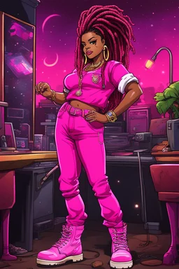 Create a pop punk cartoon of a curvy African American female wearing a hot pink jean outfit with timberland boots. Prominent make up with hazel eyes. She is wearing large diamond hoop earrings. Extremely highly detailed very long dread locs hair that shines. Background of a night club.