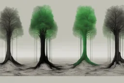 surreal trees with computer microchip textures, strange landscape surrealism, minimalism, green and black dual colors.