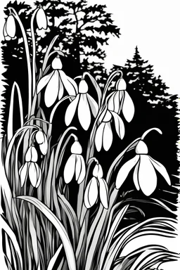 outline art of Snowdrops only black and white, no colour , White background. sketch style, clean line art, white background, no shadow and clear, no people, no colour, for book