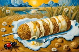 painting from lies down in the grass a Fallen Ice-cream, the dropped ice cream melting, ants crawling on ice cream , whimschical, detalied painting by Van Gogh and dali, high detailed, sharp focuses, masterpiece