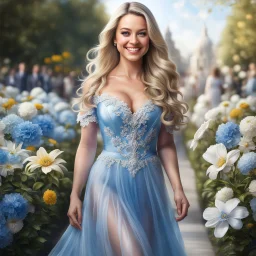 (best quality, 4k, 8k, highres, masterpiece:1.2), ultra-detailed, (realistic, photorealistic, photo-realistic:1.37),hyper realistic, full body gorgeous smiling 1woman,long hair,looking at viewer,realistic proportions,blue eyes,hair ornament,transparent top dress,very long hair,flower,blonde hair,parted lips,necklace,white dress,blonde hair,lips,joyful pastel background,freckles,realistic,head wreath, pink flower,realistic portrait, dreamy fantasy landscape countryside,great pespective,crystal