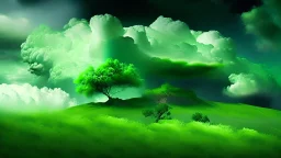 Phantasy landscape with dramatic cloud in spring green color