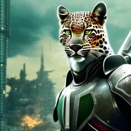 Futuristic dystopian cool leopard in titanium green knight armor, by Yoji Shinkawa, Ukraine flag on back, HDR, octane render, unreal engine, masterpiece 4k, hyper detailed, detailed, hyperdetailed, intricate, digital painting of an modern 3d anime character, character illustration, 4k, ultra hd, overexaggerated features, picture in sharp frame, in frame