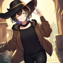 Clear focus, High resolution, short brown spiky hair, hair between eyes, eyes closed, wearing a brown detective hat, wearing a brown jacket and a black shirt, wearing black shorts, 1girl, pulling hat down, smiling, wearing a oversized hoodie