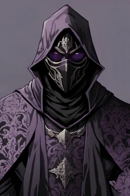 warlock, black mask with ash purple patterns, black robe with ash purple patterns, dark, ominous, ash purple