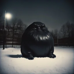 Dramatic vintage polaroid picture, hyperrealistic, gigantic puffy fat inflated black trash bag creature sitting in an empty school playground at night in the snow caught in the ambient streetlight, Lovecraftian trash bag creature with pouting confused look on face, sinister whimsey, oddball masterpiece, sfumato, Gallows humor, complex contrast, dynamic composition, by zdzislaw beksinski