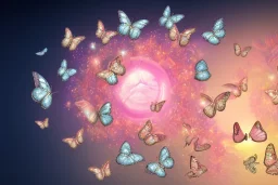 opening to the soft pink and blue crystal rise of butterflies on gold background