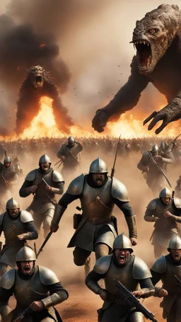 A front view of War of crusaders showing thousands of solders are running away from a distance toward the camera with scary faces and fear from a giant creature behind them, in the background fires and dead’s and big fights on the ground