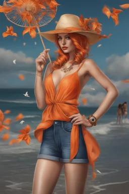 Full body of beautiful girl nami, Hair Color: Orange, Style: Wavy, Outfit Top: Blue, Outfit Bottom: Orange, Shoes: Brown, Accessories: Tangerine, Weapon: Clima-Tact, Hat: Straw, Tattoo: Pinwheel, Earrings: Hoops, sophisticated,, beautiful woman, hyper realistic, hyperrealism, photoreal, realistic, photorealistic, soft pastels, full-body, standing, long shot, wide angle, aesthetic