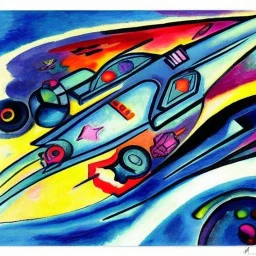 mix between sea ray and batmobile and a rocket in kandinsky style