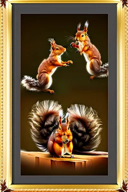 The most spectacular squirrel fight in the world in sepia with vignette and a gold frame