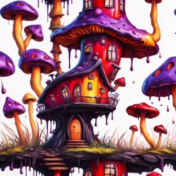 A weird mushroom house with drippy spots and eyeballs on a floating island. black red purple yellow. Detailed gloss Painting, rich color, fantastical, intricate detail, splash screen, hyperdetailed, insane depth, concept art, 8k resolution, trendi