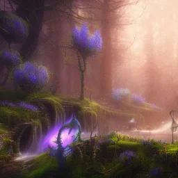 fantasy concept art, dynamic lighting, Intricately detailed, Splash screen art, deep color, Unreal Engine, volumetric lighting, blue flowers, moss, leather, fantasy library artwork, water,