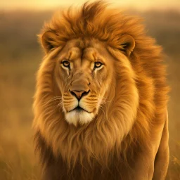 A majestic lion standing tall on a grassy savannah, with its thick golden mane blowing in the wind and its powerful gaze fixed on the horizon.