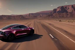 A Tesla 'Model Y' is racing at top speed, in the Mojave Desert. (CINEMATIC, WIDE ANGLE LENS, PHOTO REAL)