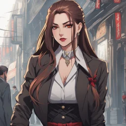 An Arrogant-Looking Young Woman With Pale Skin, Red Eyes, And Long Brown Hair Pulled Up In A Single, Straight Ponytail. She Is In The Mafia. An Air Of Malevolent Power Surrounds Her. Anime Style, High Definition, Greg Rutkowski, 8k Resolution, Intricate Details