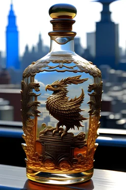 una bottiglia di vetro alata, con disegno imperiale, di amaro "Grifone" su sfondo di città