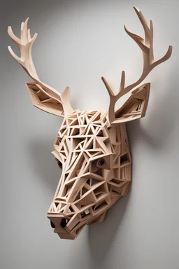 a modern, minimalist openwork deer head made of desks