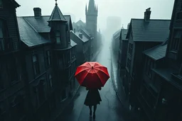 top-down view of a grayscale wet city street with old tall haunted houses, rain, dark human siluette with red umbrella, surreal style, dark mood