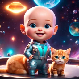 (masterpiece, best quality, 8k, RAW photo, beautiful and aesthetic:1.2), complex detail, Indirect light, photorealistic, (((full body))), Cosmic Boss Baby style smiling, bald, with a ginger cat companion, colorfull Sci-Fi environment