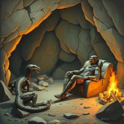 matte oil painting, retro futuristic prehistoric cave with a retro futuristic robotic raptor pet curled up in front of a campfire, caveman wearing a leopard print suit relining in a stone bacalounger