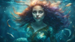 mermaid, beautiful eyes, dancing underwater, scales, double exposure, glare, sparkles, clear lines, detail, fine rendering, high resolution, 64K, photorealism, precise focus, digital painting,