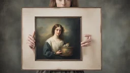 Droste effect, woman holding a painting showing a woman holding a painting showing a woman holding a painting showing a woman holding a painting, moody, grainy