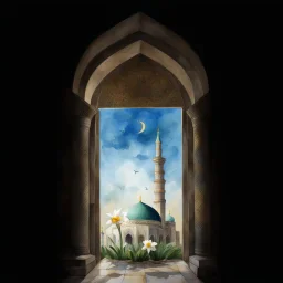 jamkaran mosque in Iran has more blue green color and gold for pattern islamic in the dome . one big domes with beautiful lighting . white Daffodil flower in the floor , clouds with small birds in sky with crescent moon of ramdan . painting watercolor ,simple and islamic style , Painting watercolor