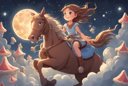 a long, brown-haired girl rides a horse dynamically across the night sky, leaping over a pile of different cookies. Shining moon, in starshine