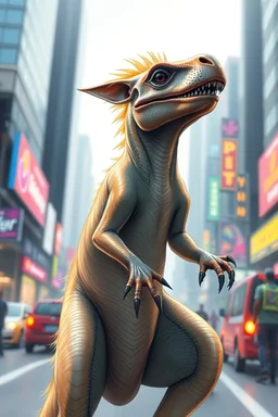 transparent sleek dino weasel rasta man with cute fur, in big cyberpunk city crossover, volume light and motion blur, airbrush and pen outline