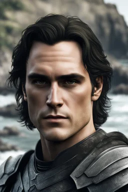 A portrait of Joaquin Phoenix in his early 30s, long beachy haircut, black hair, on a rocky island, in ebony armor from Skyrim, melancholic and dangerous facial expression, half-smiling