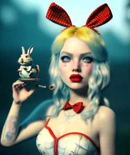 Ultra realistic wonderland photo, hot, happy blonde Alice woman and white rabbit smoking a pipe, blue dress, circus dress style, black headband with bow, old school tattoo, smoke, marijuana garden, glow eyes, perfect iris, soft color, highly detailed, unreal engine 5, ray tracing, RTX, lumen lighting, ultra detail, volumetric lighting, high definition.