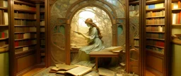 working at the endless library diorama by alphonse mucha