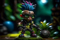 caricature, evil, dark arts, intricately painted, miniature figure. a miniature figure of an (angry:1.5) female cyberpunk (Minion with glasses:1.4) with a rainbow mohawk hairstyle, set in a jungle, (holding a machete:1.6), giant boots, punk, worn, bokeh, Low DOF, 16k, trending on artstation. AlbedoBase XL.