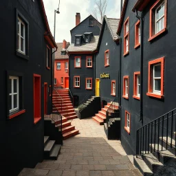 Fotografia di strada assurda e falsa orripilante blu weirdcore dai colori vivaci, liminalcore. Escher. Incubo. Confusione geometrica. Scale che scendono. Yves Tanguy. Non luogo falso, inusuale. Le case sono false e dipinte di nero chiaro con cose stilizzate e dettagli. Ci sono finestrelle false quadrate, che danno un senso distopico e molto surreale, disposte in modo casuale. L'atmosfera generale sembra noiosa e onirica, con un contrasto tra elementi reali ed elementi dipinti falsi, René Magritt