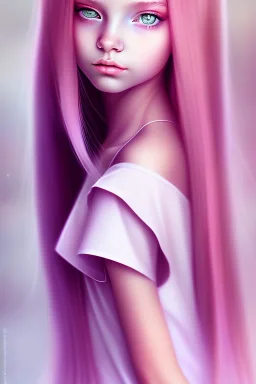 12 year old girl, cute, beautiful, portrait, long hair, pink hair