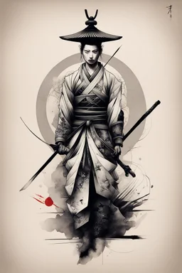 Create a captivating modern 2d ink tattoo design for print , prestigious Divine Samurai using the elegant influences of japan art style, for print, dynamic elements from fashion and design, and bold Japanese contemporary art aesthetics, framing centered in the center, distanced from the edges of the paper perimeter, perfect anatomy, bauhaus, Divine Proportion,