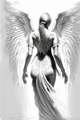 full body woman angel from back, angel wings coming through from her back skin, bun haired angel wearing long tunic ultra realistic drawing