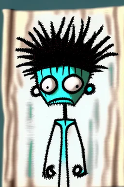 2d drawing of a stickman, cool with punk hair, x eyes like in hangman, no shirt and only dressed in a shower towel,looking confused ,3d realistic in colour